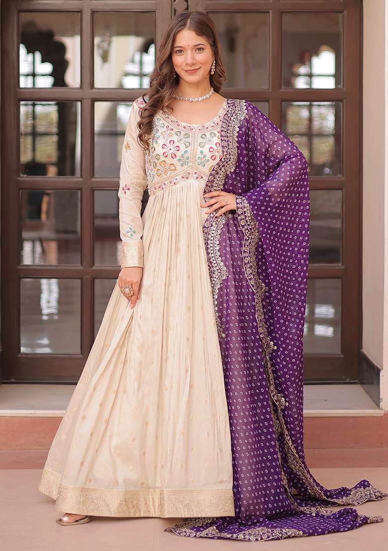 Beige Embroidered Blended Anarkali Set - Indya