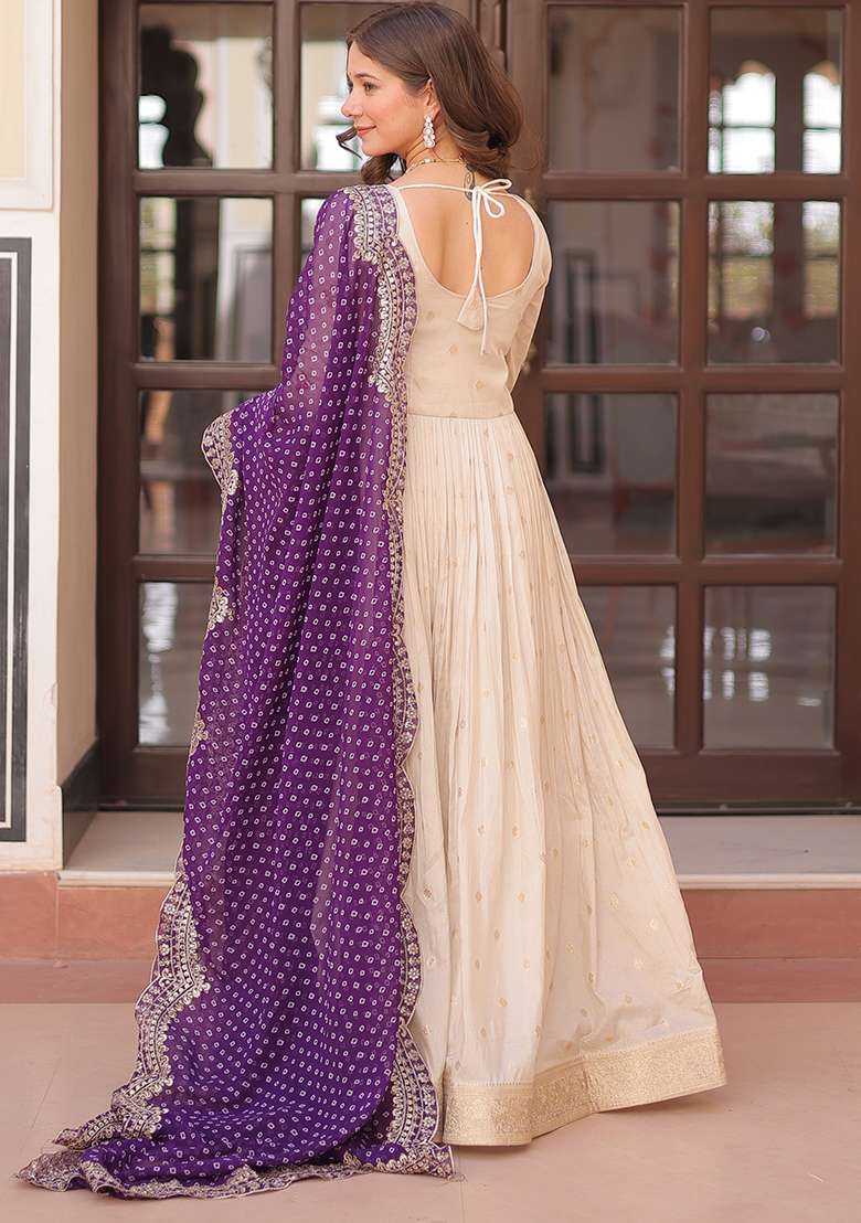 Beige Embroidered Blended Anarkali Set - Indya