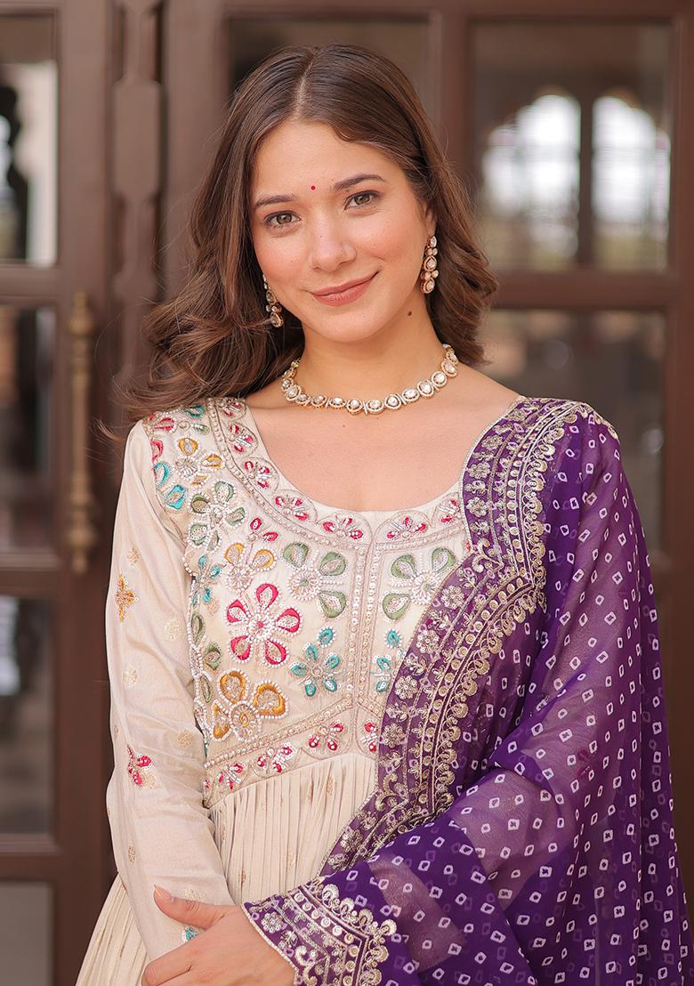 Beige Embroidered Blended Gown With Dupatta - Indya