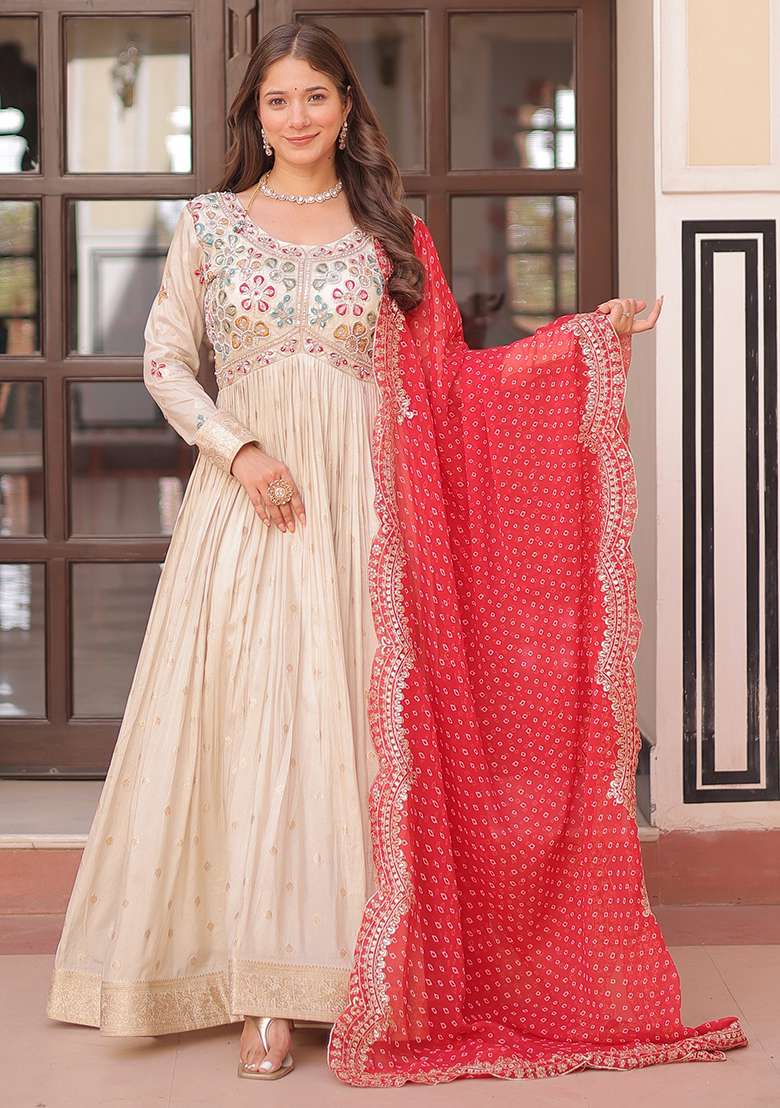 Beige Embroidered Blended Anarkali Set - Indya