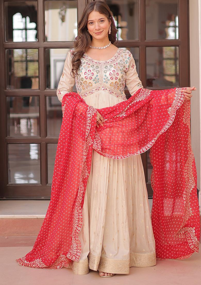Beige Embroidered Blended Gown With Dupatta - Indya