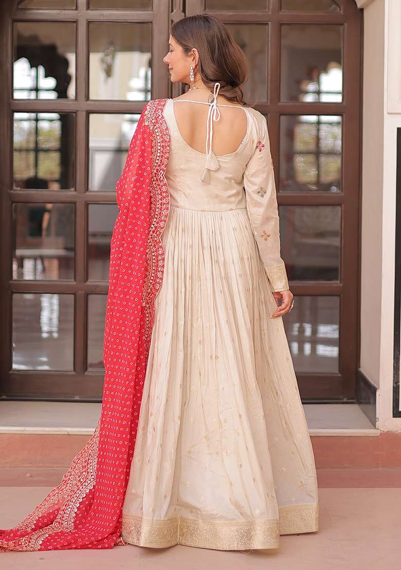 Beige Embroidered Blended Anarkali Set - Indya