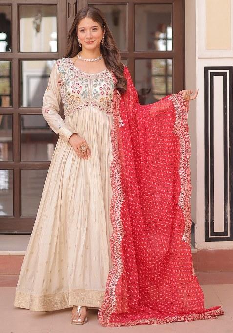 Beige Embroidered Blended Gown With Dupatta