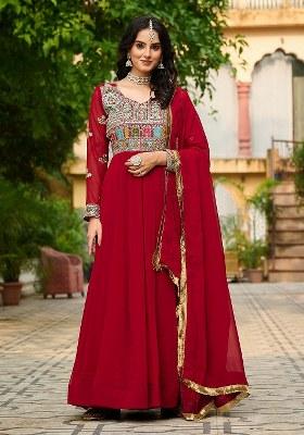 Maroon Embroidered Blended Gown With Dupatta