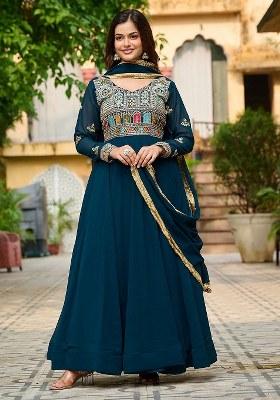 Blue Embroidered Blended Gown With Dupatta