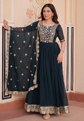 Blue Embroidered Blended Gown With Dupatta