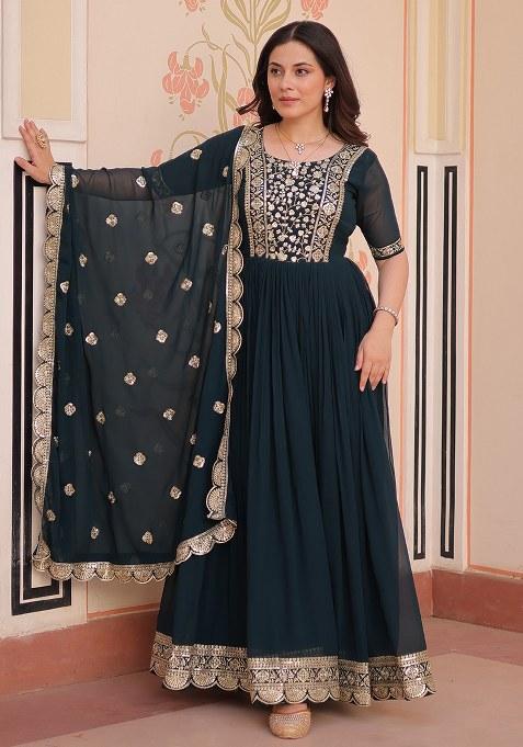 Blue Embroidered Blended Gown With Dupatta