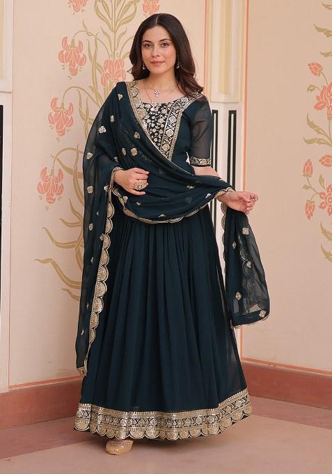 Blue Embroidered Blended Gown With Dupatta