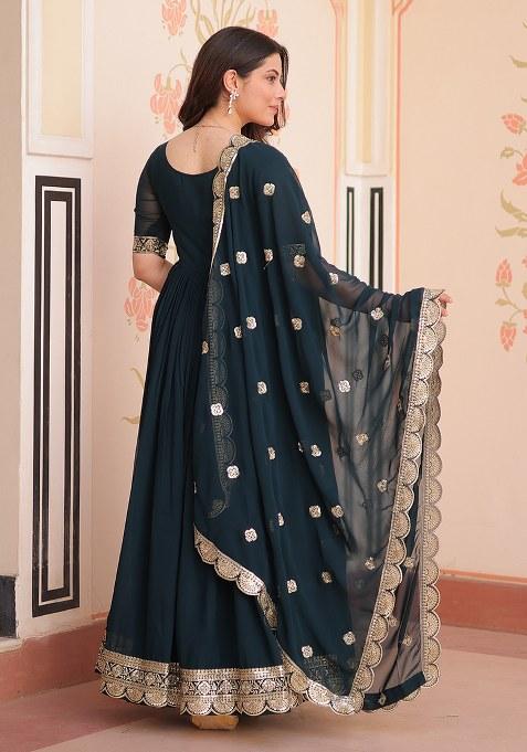 Blue Embroidered Blended Gown With Dupatta