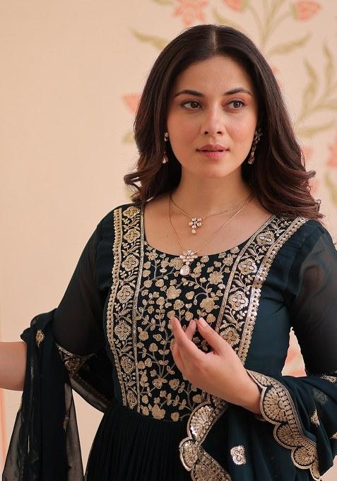 Blue Embroidered Blended Gown With Dupatta