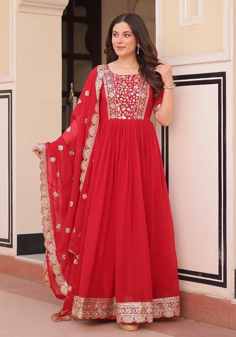 Red Embroidered Blended Gown With Dupatta