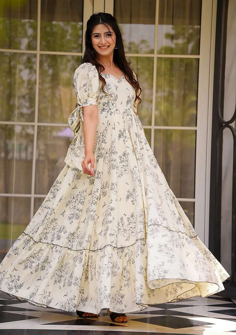 Beige Floral Print Blended Anarkali Set - Indya
