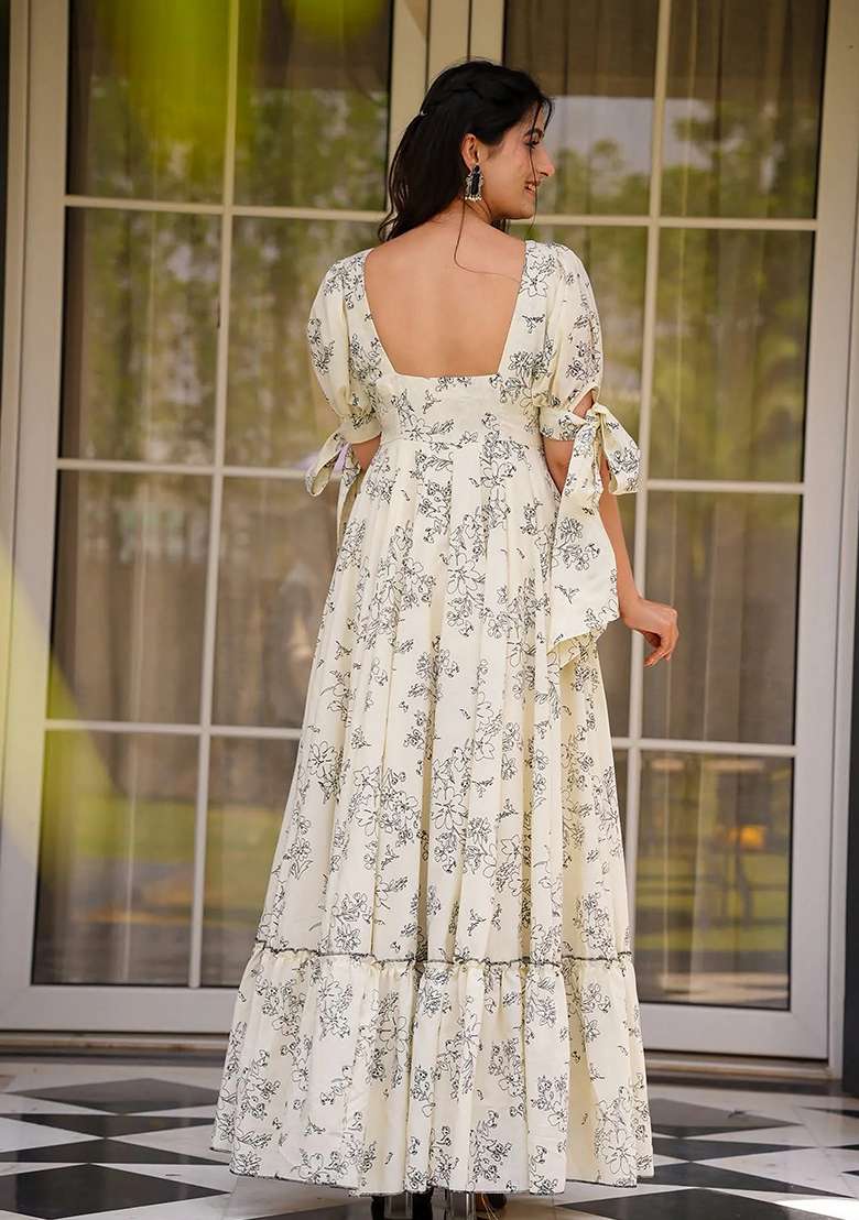Beige Floral Print Blended Anarkali Set - Indya