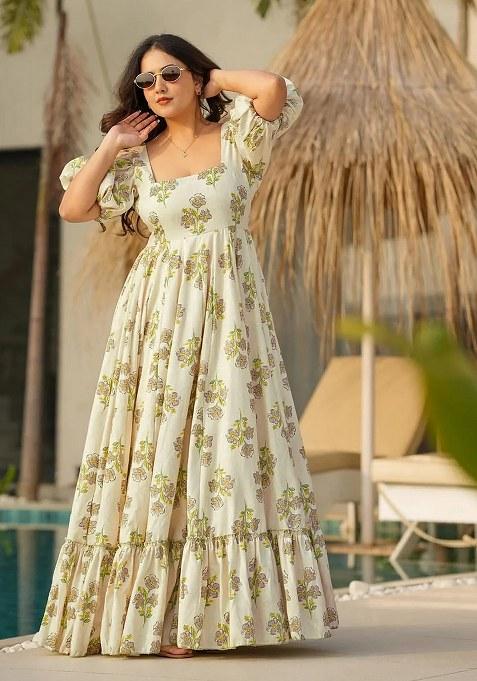 Green Embroidered Blended Gown