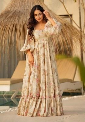 Beige Embroidered Blended Gown