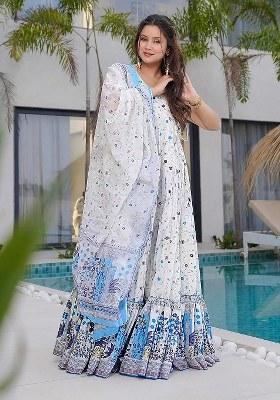 Beige Embroidered Blended Gown With Dupatta