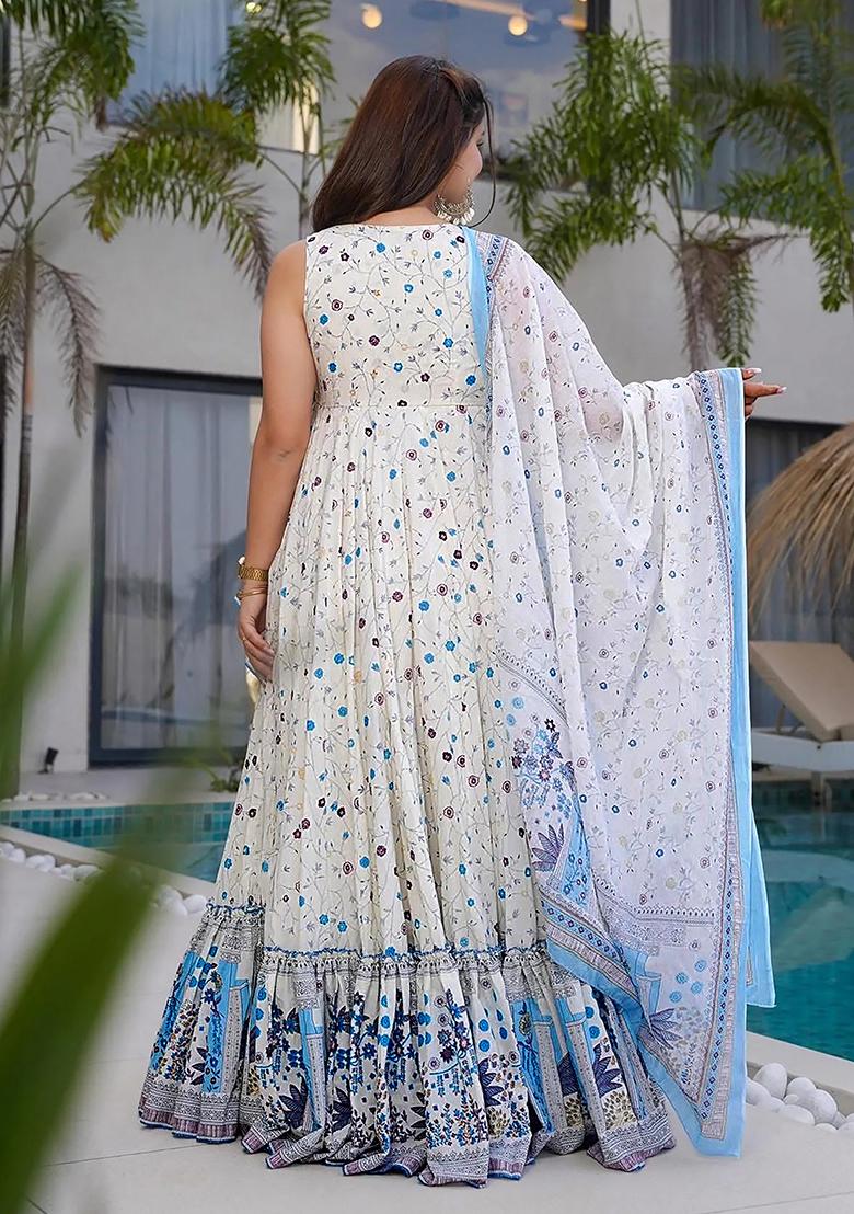 Beige Embroidered Blended Gown With Dupatta