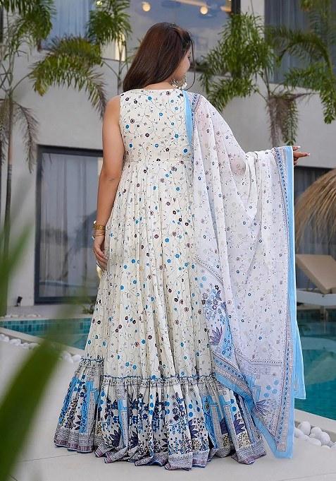 Beige Embroidered Blended Gown With Dupatta