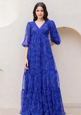 Blue Embroidered Blended Gown