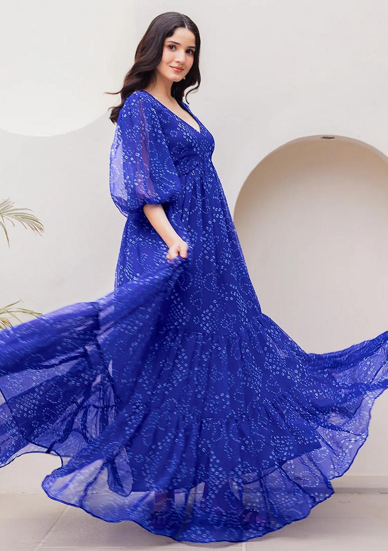 Blue Embroidered Blended Gown - Indya
