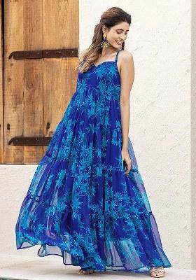 Blue Embroidered Blended Gown