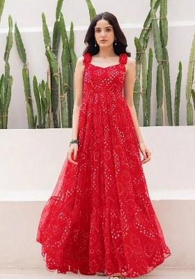 Red Embroidered Blended Gown