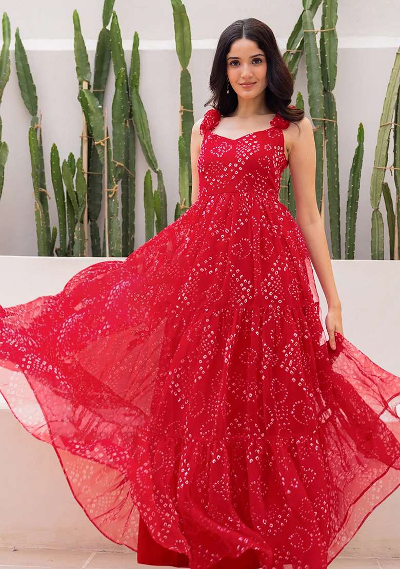 Red Embroidered Blended Gown - Indya