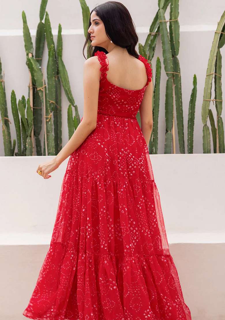 Red Embroidered Blended Gown - Indya