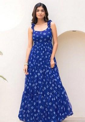 Blue Embroidered Blended Gown