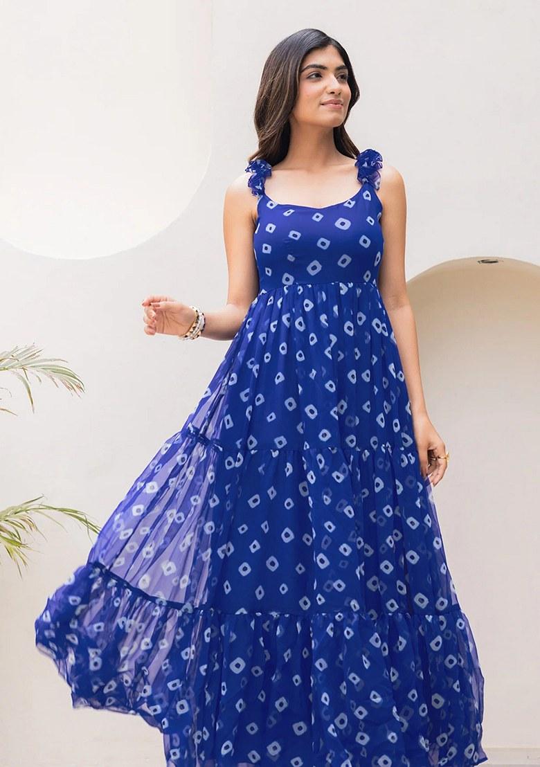 Blue Embroidered Blended Gown - Indya