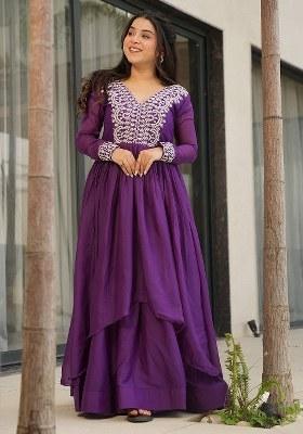 Purple Embroidered Blended Gown