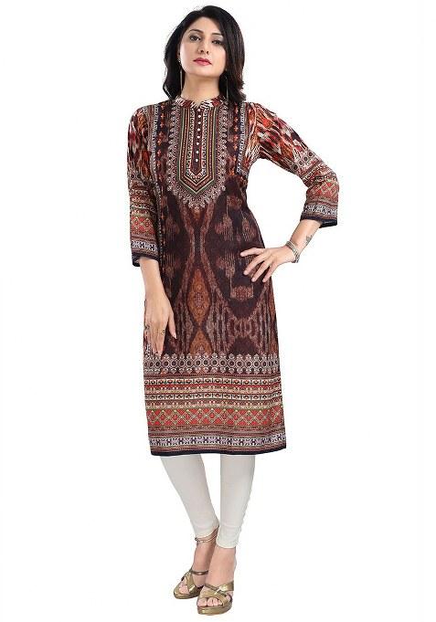 Brown Embroidered Blended Kurti