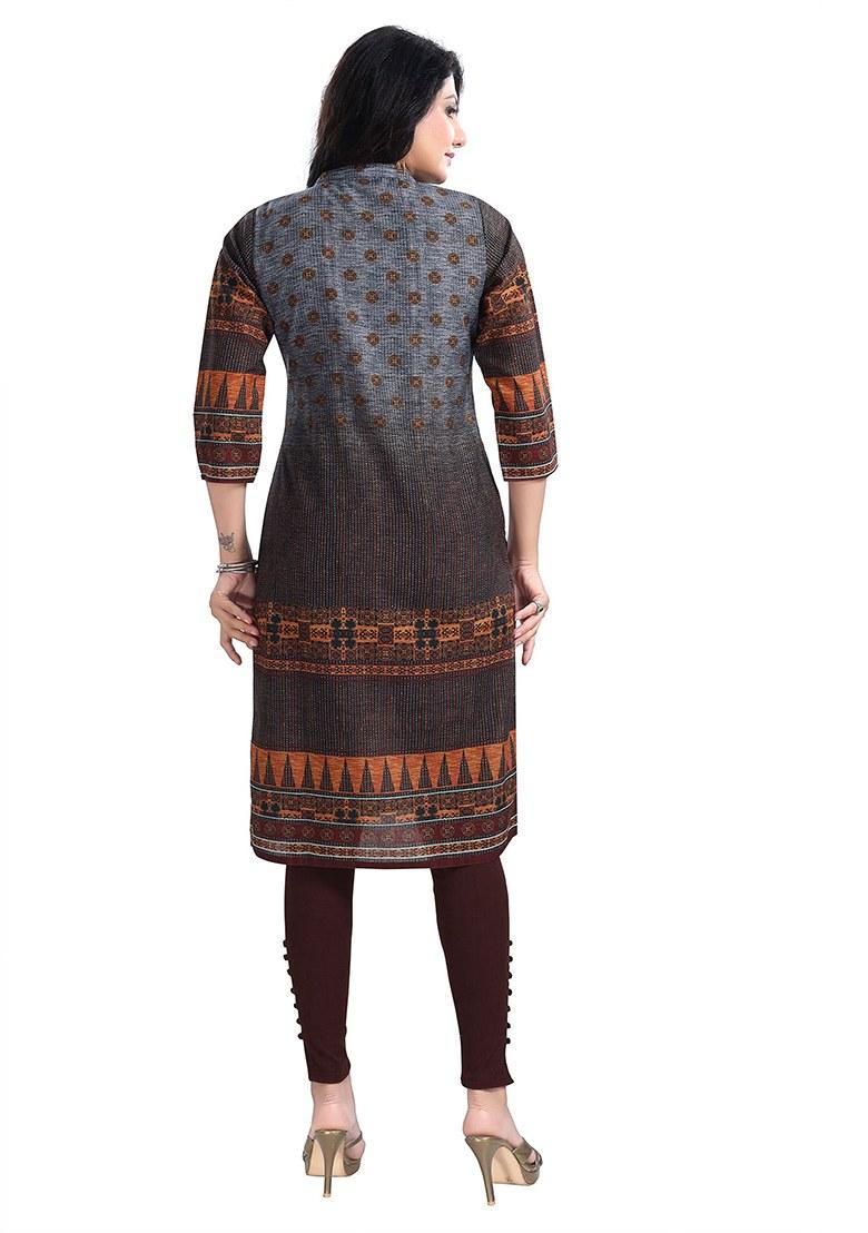 Grey Embroidered Blended Kurti - Indya