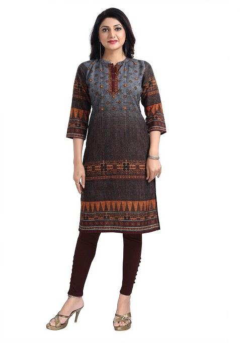 Grey Embroidered Blended Kurti