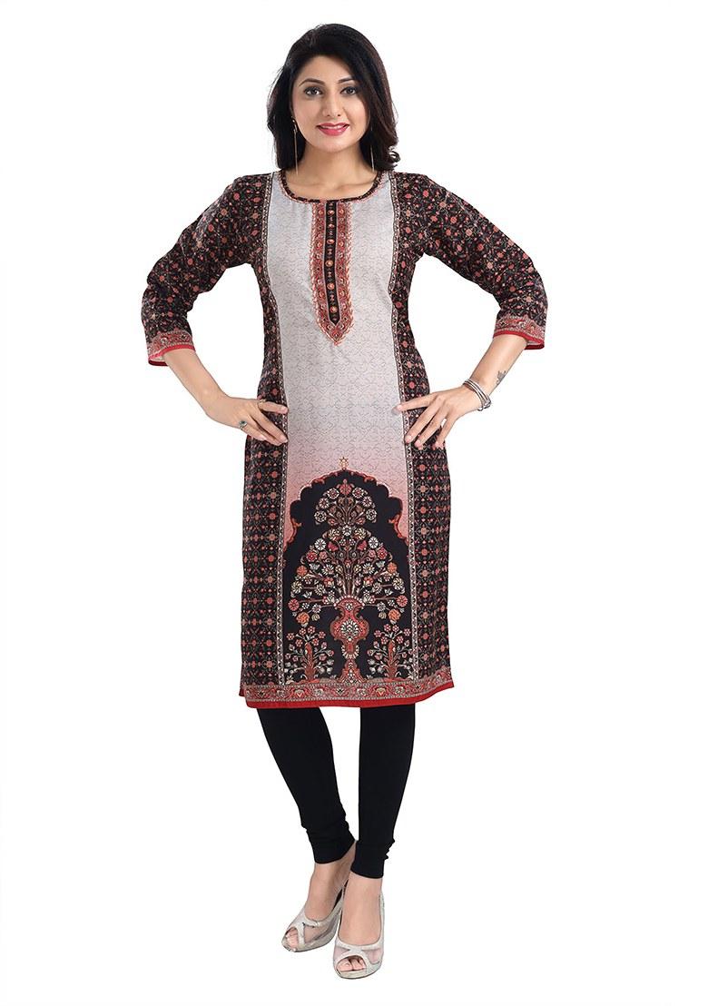 Black Embroidered Blended Kurti - Indya