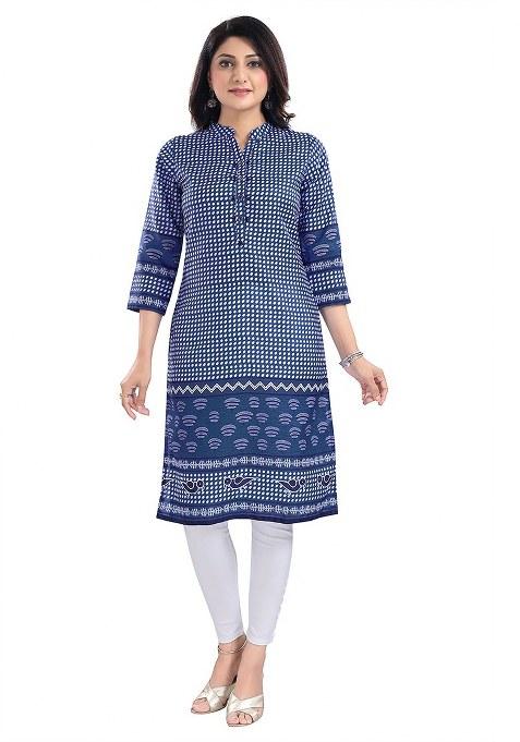 Blue Embroidered Blended Kurti
