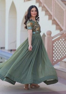Green Embroidered Blended Gown With Koti