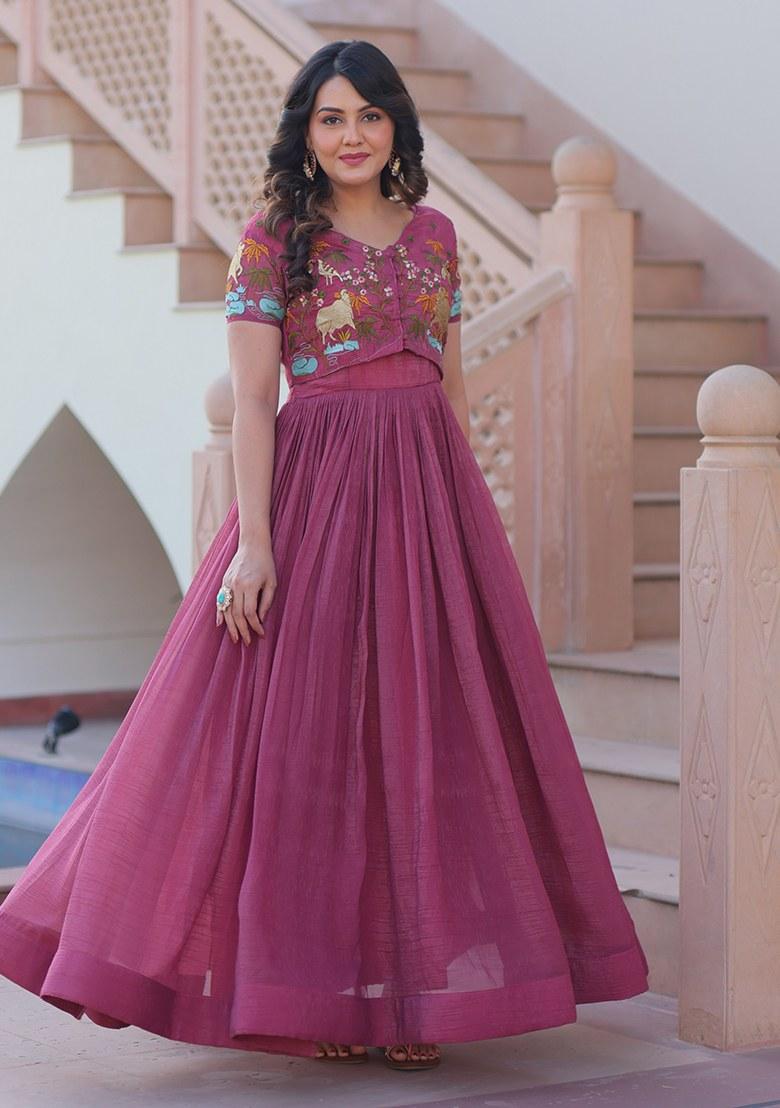 Pink Embroidered Blended Gown With Koti