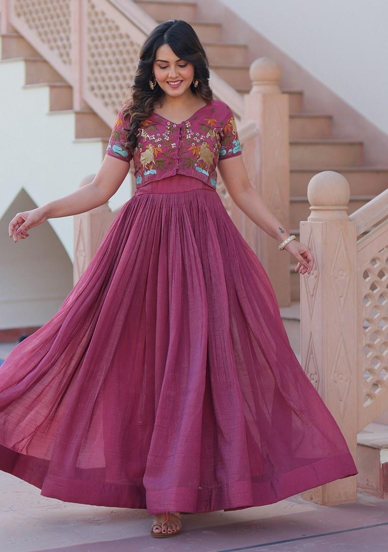 Pink Embroidered Blended Gown With Koti