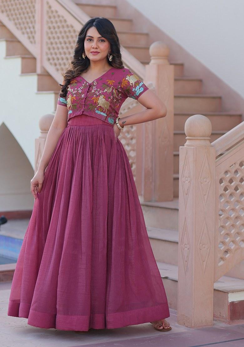 Pink Embroidered Blended Gown With Koti