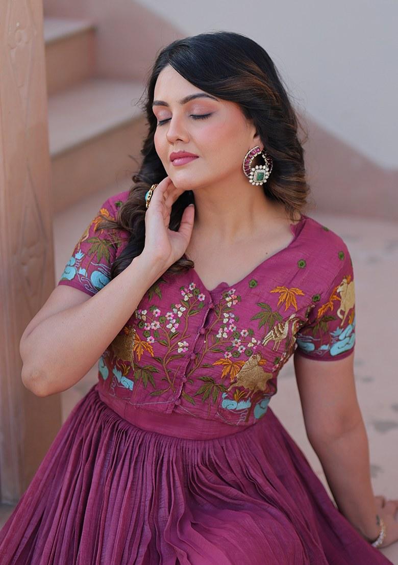 Pink Embroidered Blended Gown With Koti