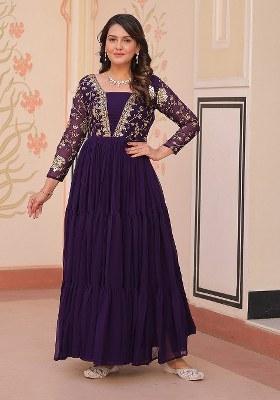 Purple Embroidered Blended Gown