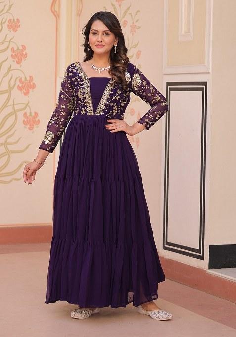 Purple Embroidered Blended Gown