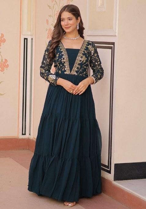 Blue Embroidered Blended Gown