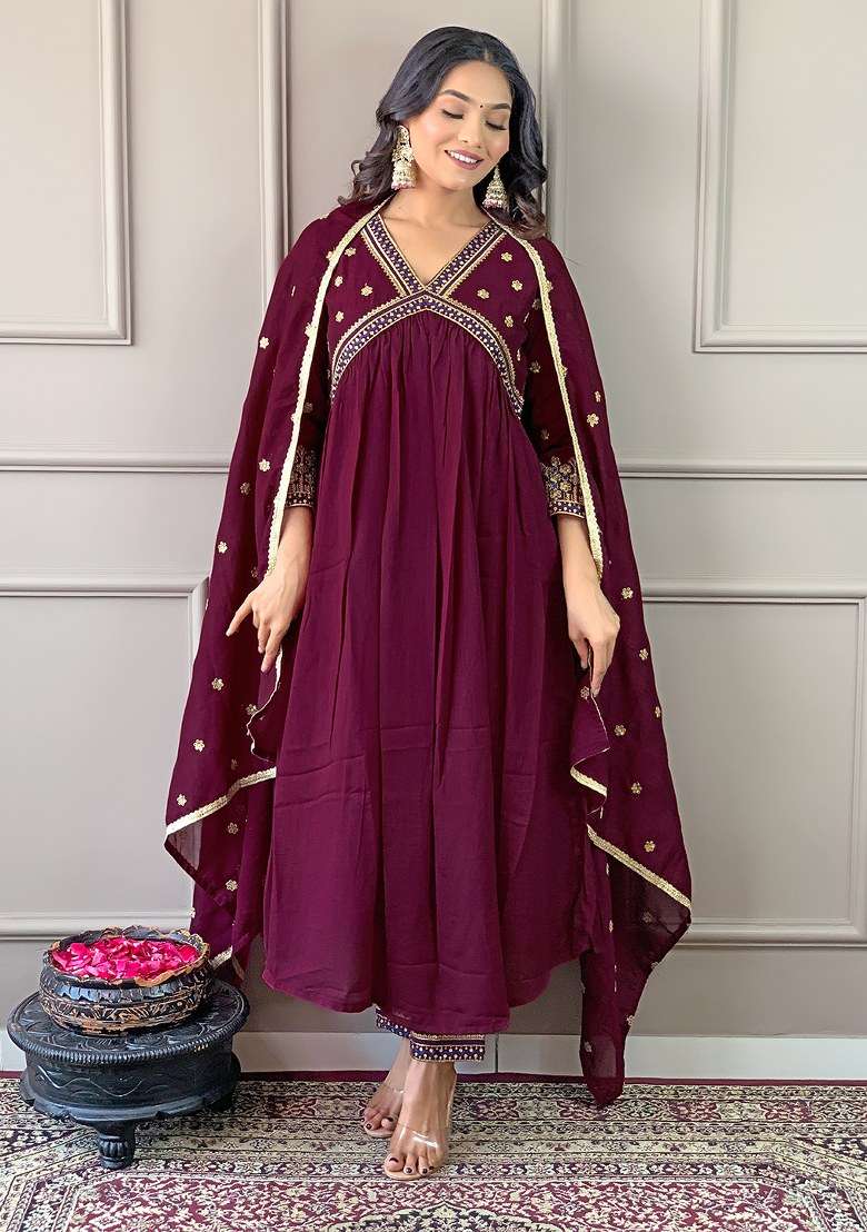 Wine Embroidered Blended Anarkali Set - Indya