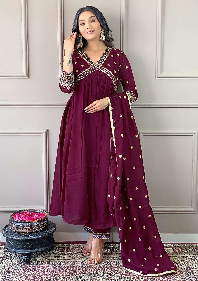 Wine Embroidered Blended Anarkali Set - Indya
