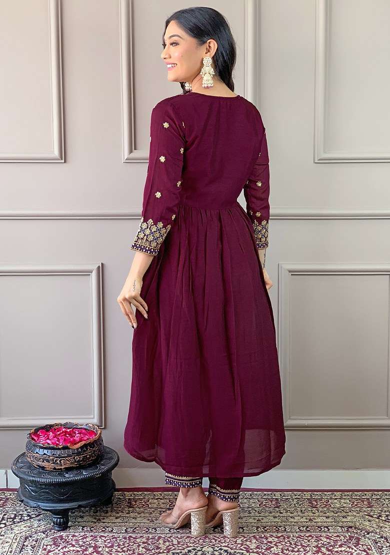Wine Embroidered Blended Anarkali Set - Indya