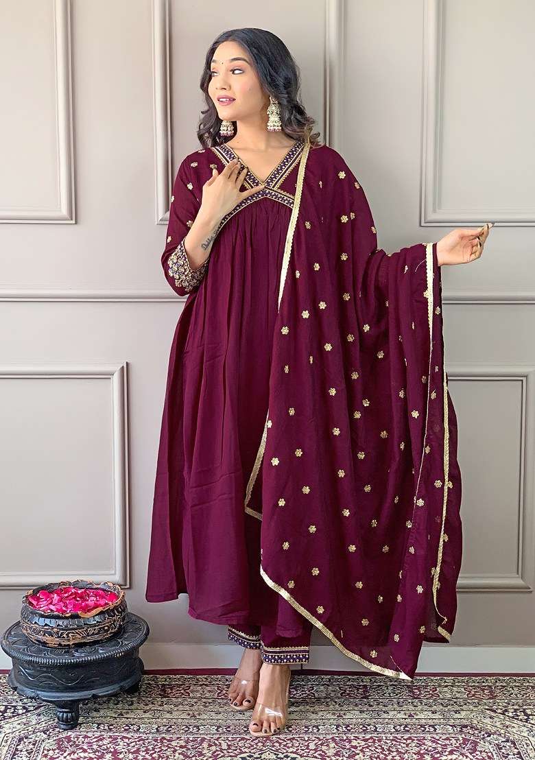 Wine Embroidered Blended Anarkali Set - Indya