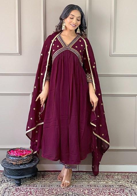 Wine Embroidered Blended Kurta Set
