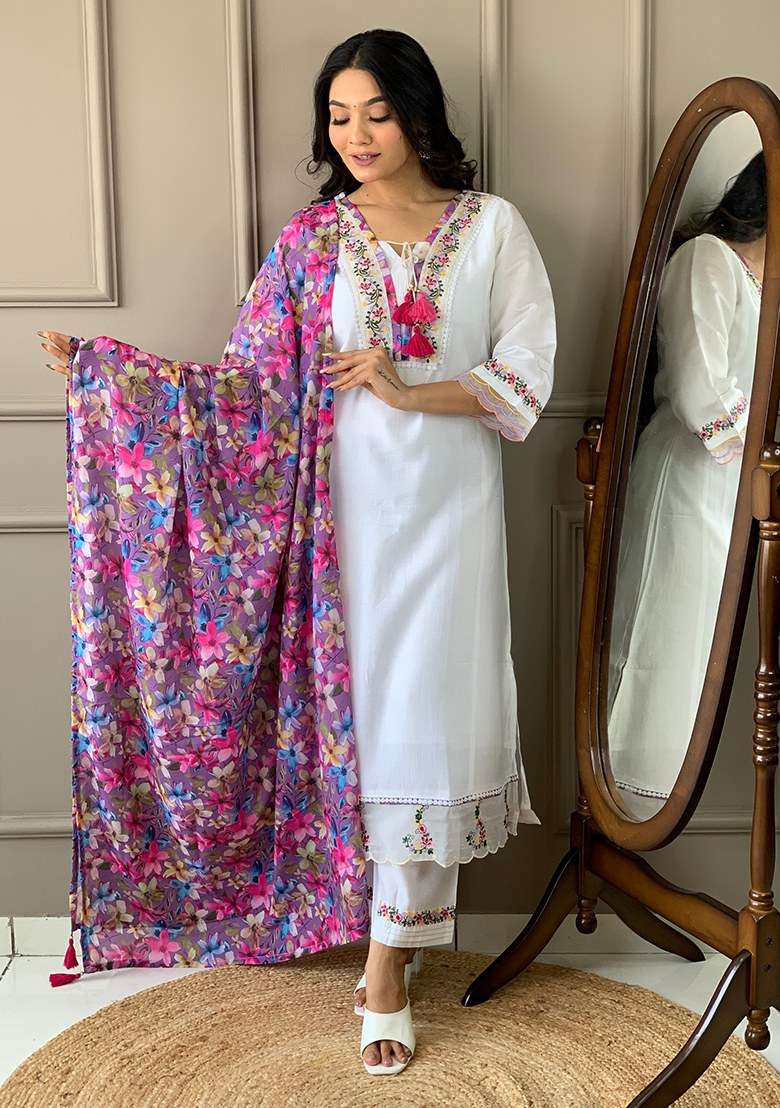 Beige Embroidered Blended Straight Kurta Set - Indya